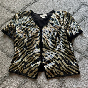 CACHE Vintage Short Sleeve Gold Black Sequin Beaded Top large